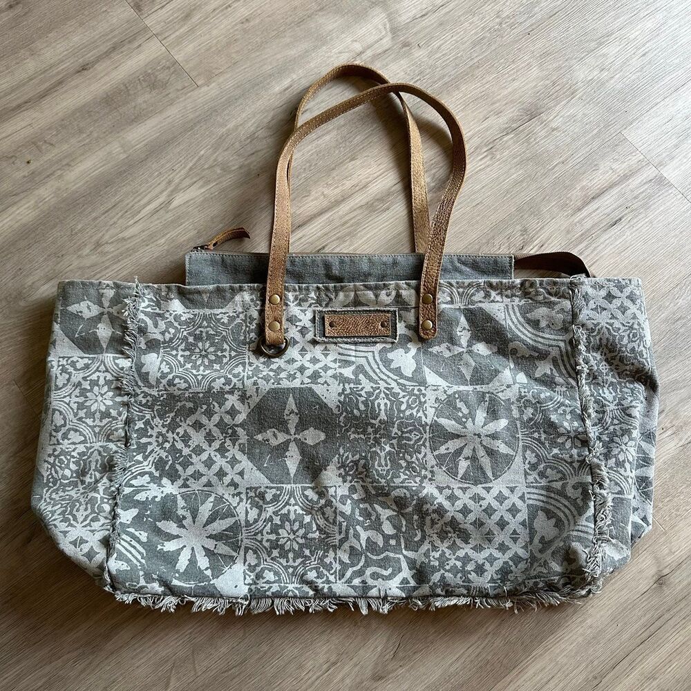 Myra Bag XL Boho Upcycled Mixed Pattern Cotton Canvas Fringe Trim Tote Bag